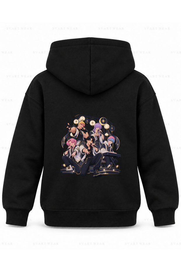 Saja Boys Lantern Scene Printed Black Children's Hooded Sweatshirt