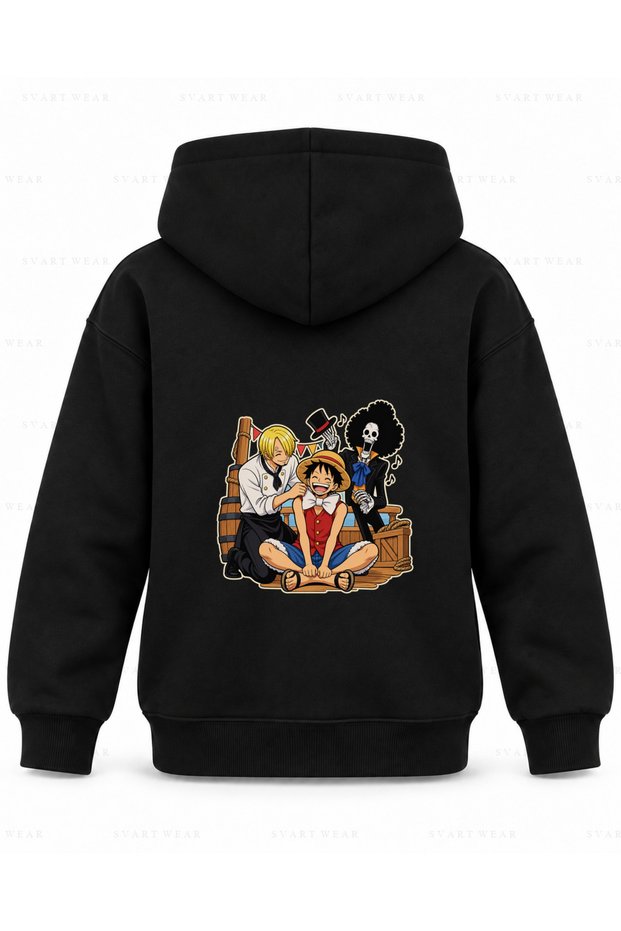 One Piece Straw Hat Kulisi Printed Black Children's Hooded Sweatshirt
