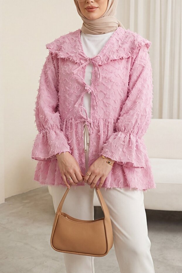 Lace-Up Front Feather Textured Clip Jacquard Kimono -Pink