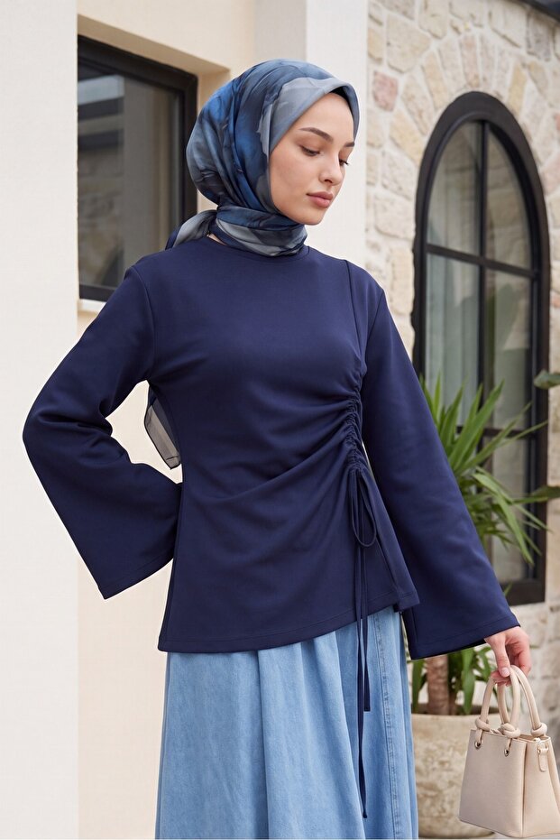 Asymmetrical Cut Lace Detailed Combed Cotton Sweatshirt - Dark Blue