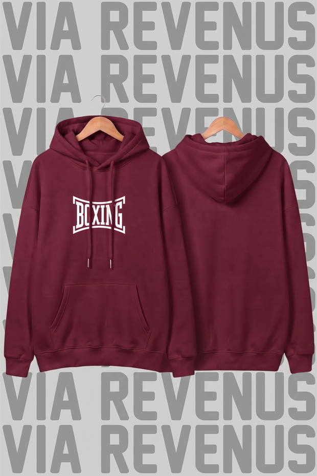 Boxing Printed Unisex Wide Fit Hoodie Sweatshirt - 3 Thread Fleece Hood Lining with Drawstring Detail