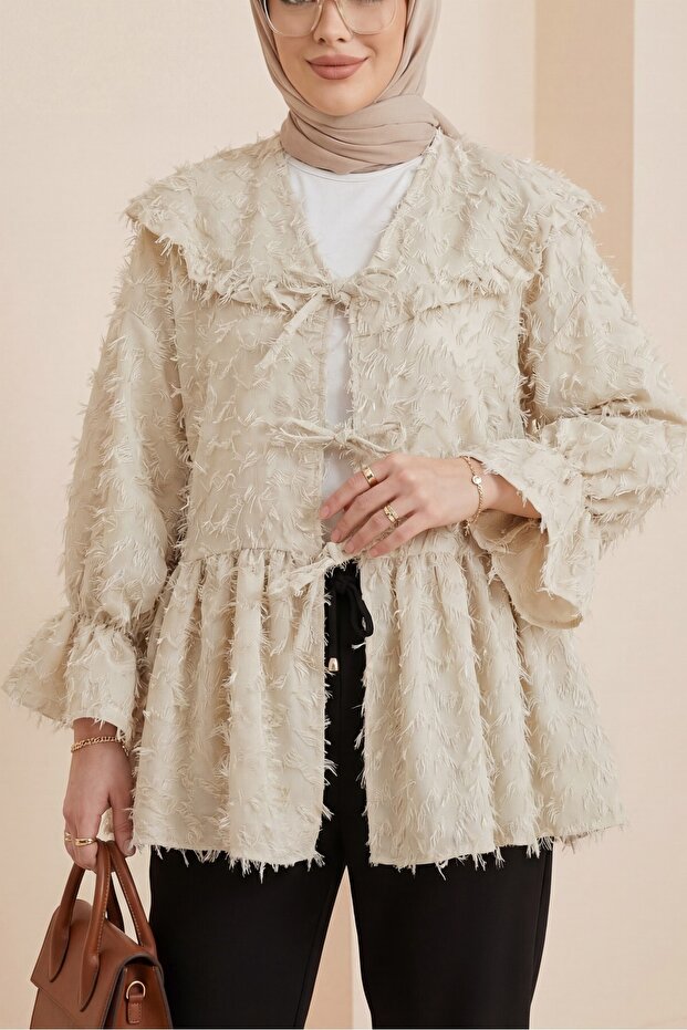 Lace-up front, feather textured clip jacquard kimono - beige