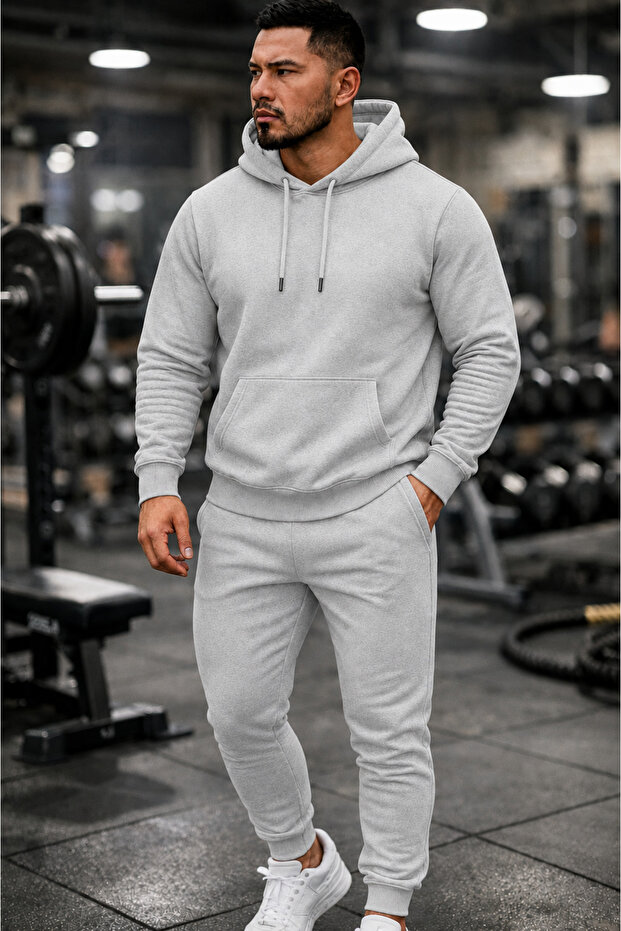 Men's Gray Hooded Tracksuit Set Plain Basic