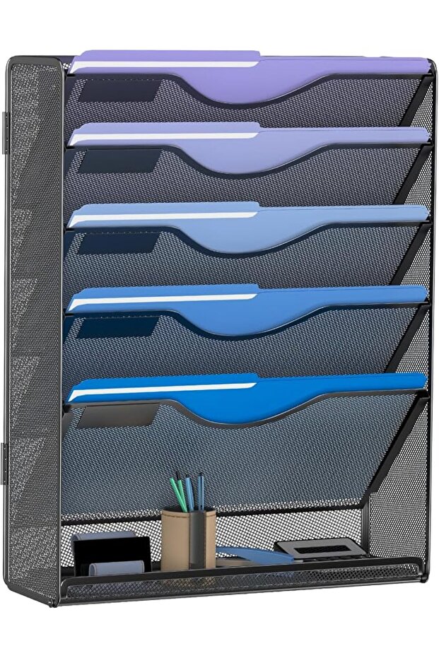 Gawerk 6 Tier Hanging File Organizer, Mesh Wall File Holder Paper Folder Rack with Bottom Flat Tray