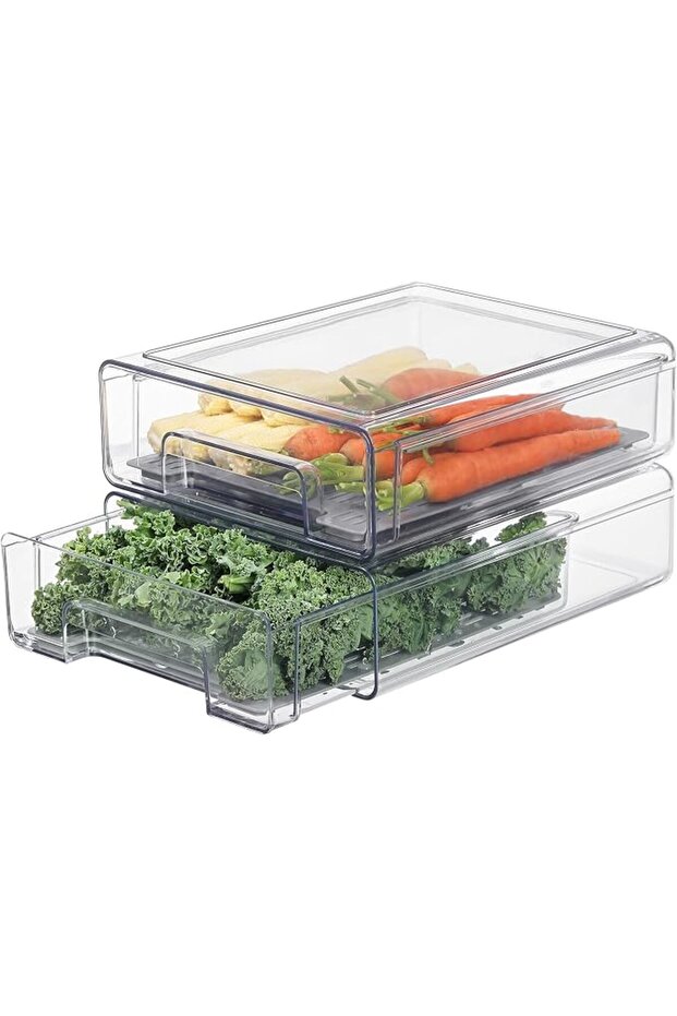 Bronkeper Clear Plastic Refrigerator Storage Organizer with Drawers and Strainer - Stackable Bins for Organizing Fruits and