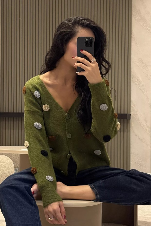 Haki Gülseli Women's Speckled Patterned Polka Dot Knitwear Jacket