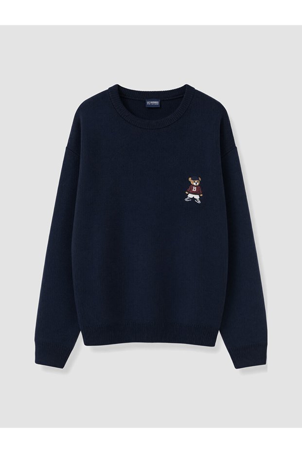 Navy Blue Crew Neck Bear Teddy Printed Men's Knitwear Sweater