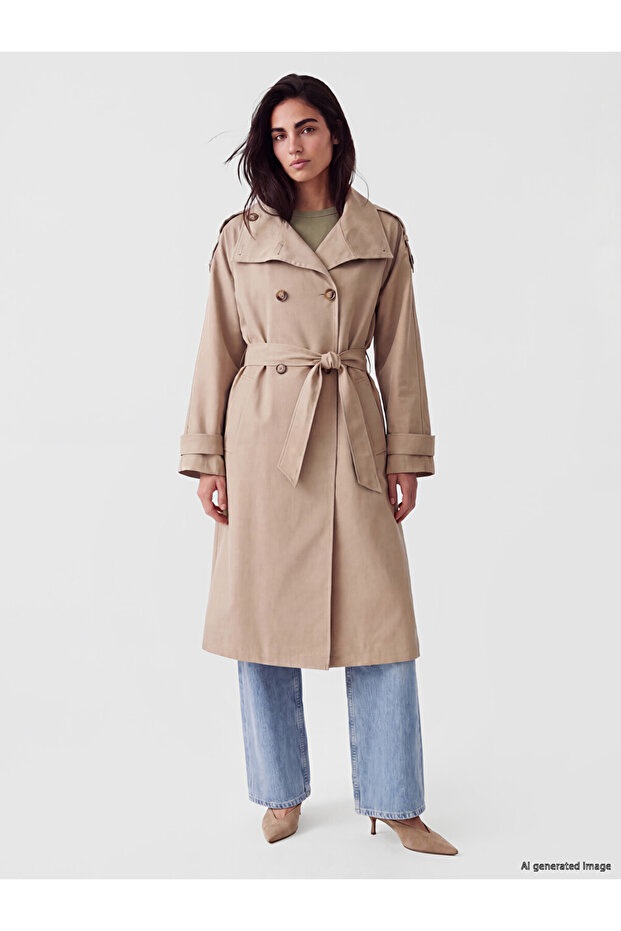 Double-Breasted Roba Collar Belted Women's Trench Coat from Uzg Store for Style Enthusiasts