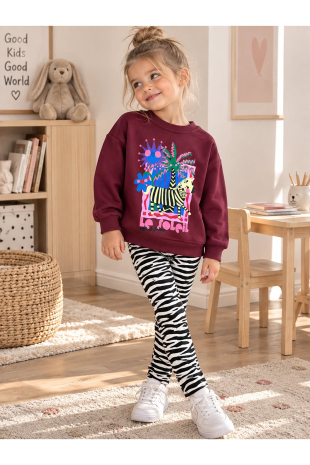 New Season Zebra Patterned Girls' Tights Top and Bottom Set