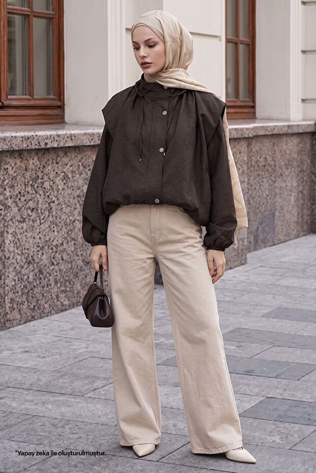 Bitter Brown Bomber Jacket with Gathered Collar