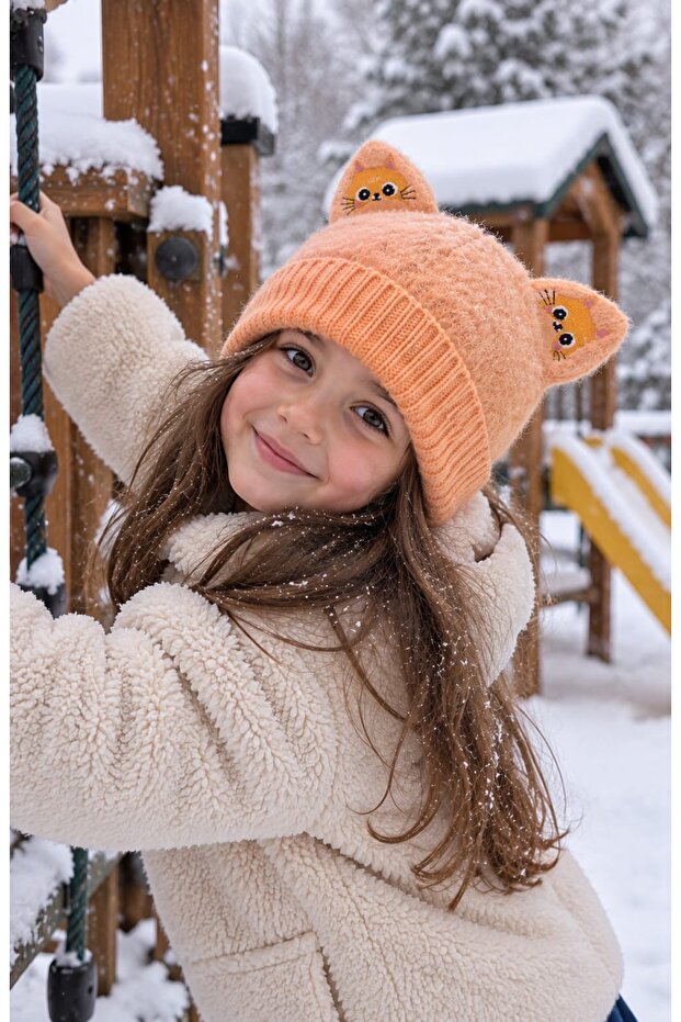 4-7 Years Old Girls' Soft Textured Beanie with Ear Protection