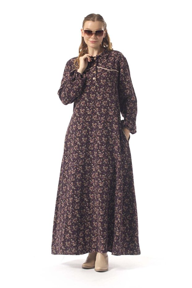 Long Sleeve Nudem Buttoned Classic Collar Violet Pattern Flannel Winter Long Dress Purple Purple