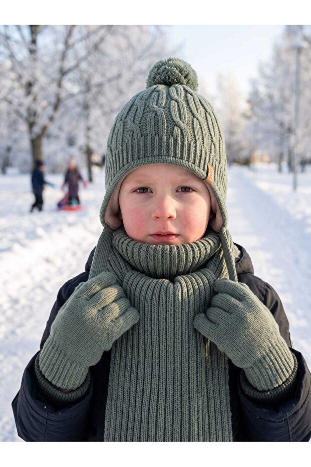 Kitti 4-8 Years Old Boys' Lined Scarf, Beanie, Gloves 3-Piece Set