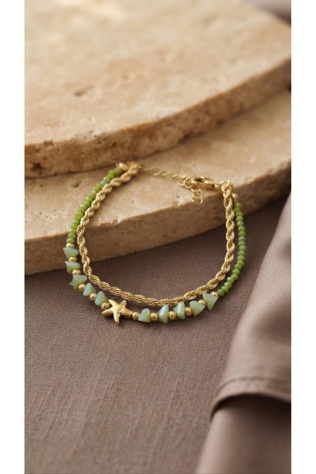 Two-Row Bracelet with Green Natural Stone Look and Starfish Detail