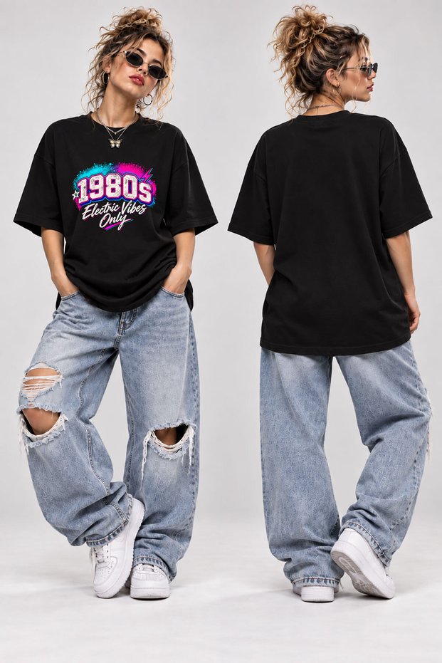 1980S Electric Vibes Printed Oversize T-Shirt Unisex Retro Y2K Vintage Streetwear Tee
