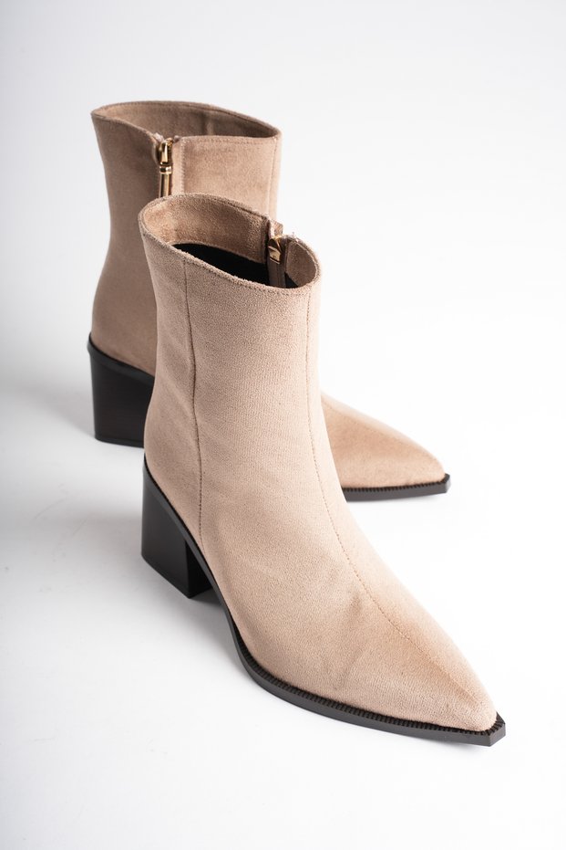 Women's Mink-Beige Suede Boots with Pointed Toe and Zipper, Furry Inner Lining