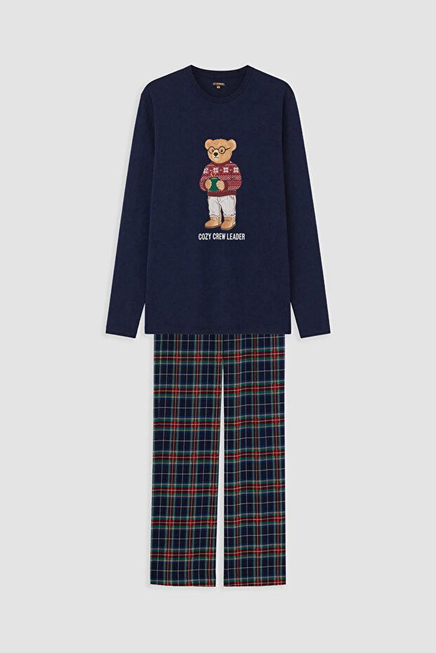 Men's Pajama Set Long Sleeve Teddy Bear Printed Bottom Plaid Checkered Patterned Seasonal Comfortable