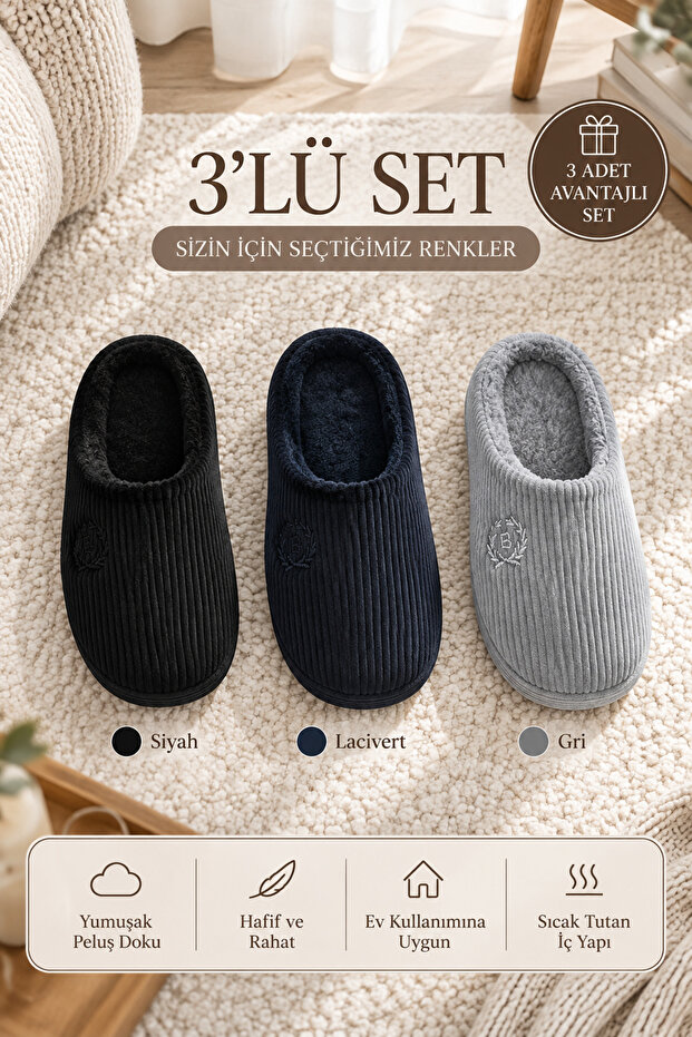 3-Piece Gray - Navy Blue - Black Corduroy 3 cm Sole Closed Toe House Slippers Set Byndkdf0