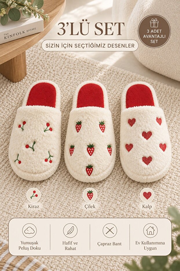 3-Piece Cherry - Strawberry - Heart Embroidered Plush Closed Toe 3 cm Sole Home Slipper Set