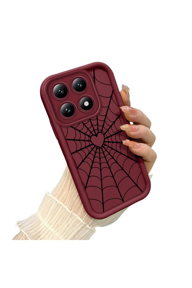 Mi 14t Compatible Heart Spider Web Case, Burgundy Ground Air Line Motif