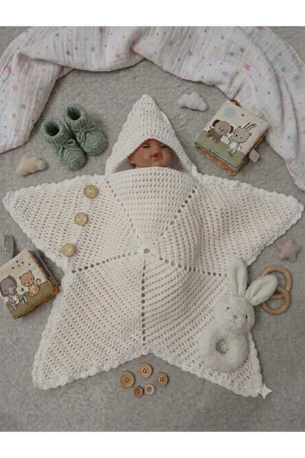 Hand Knitted Cream Color Star Baby Romper - Star Blanket