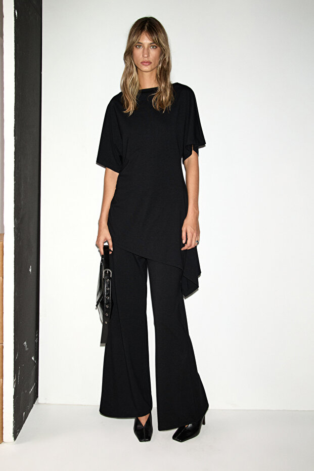 Argie Women's Asymmetrical Cut Top and Wide-Leg Pants Black Top and Bottom Set