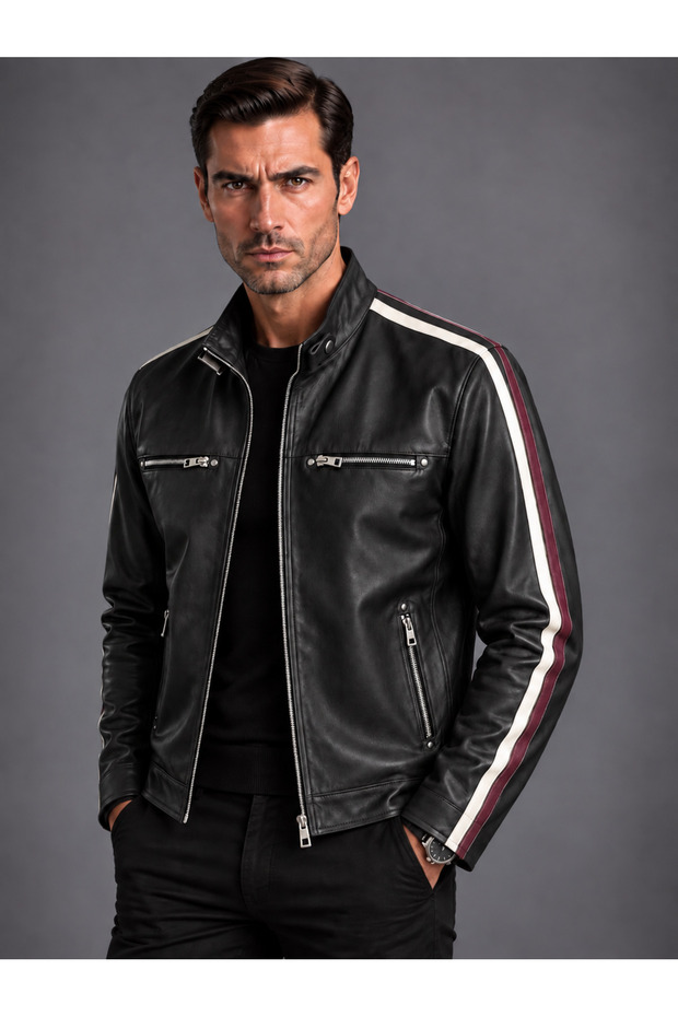 Men's Genuine Leather Jacket with Stripe Detail