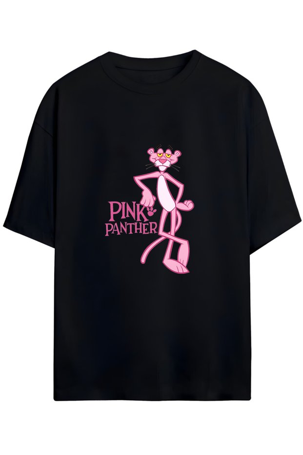 Pink Panther Film Printed Black Oversize T-Shirt Unisex Combed Cotton Crew Neck Model