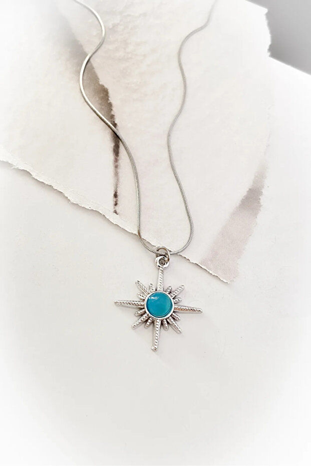 Blue Steel Necklace with Sun Figure