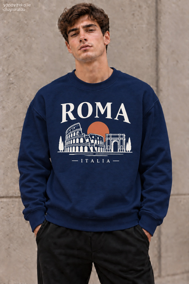 Men's Roma Italia Written and Printed Crew Neck Casual Regular Fit Sweatshirt