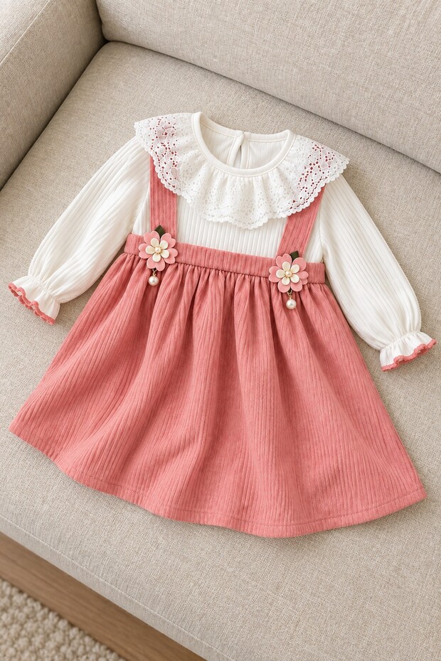 Baby Girl Dress Set Lace Collar Floral Detailed Suspender Skirt Dress Long Sleeve 6 9 12 18 24 Months