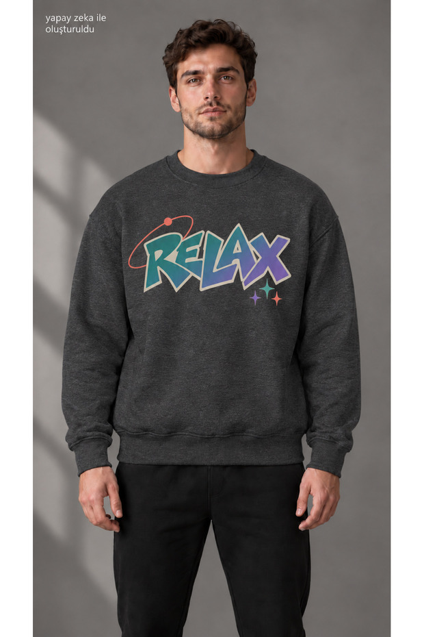 Men's Retro Planetary Ring and Relax Printed Crew Neck Casual Regular Fit Sweatshirt