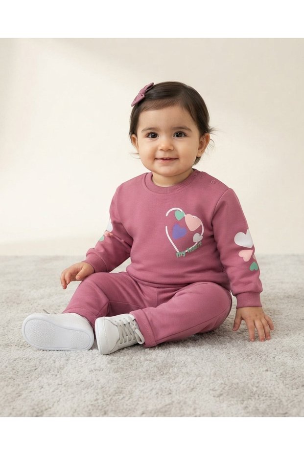 Baby Girl Seasonal Detailed Heart Printed 6-9-12-18-24 Months 2 Thread Top and Bottom Set