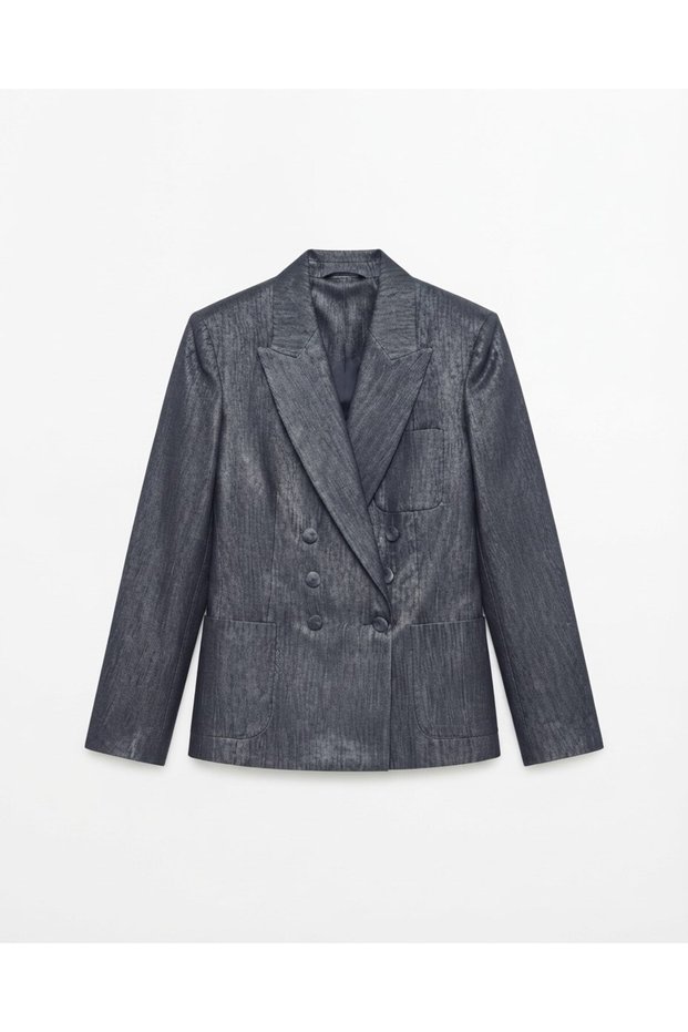 Navy Blue Shiny Pocketed Blazer Jacket