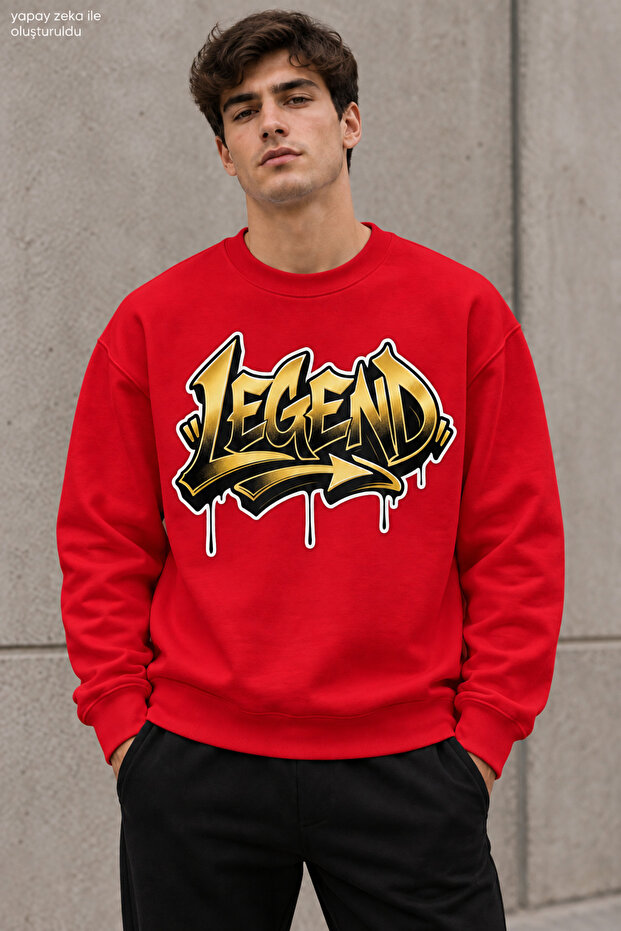 Men's Yellow Black Graffiti Lettering Legend Printed Crew Neck Casual Regular Fit Sweatshirt