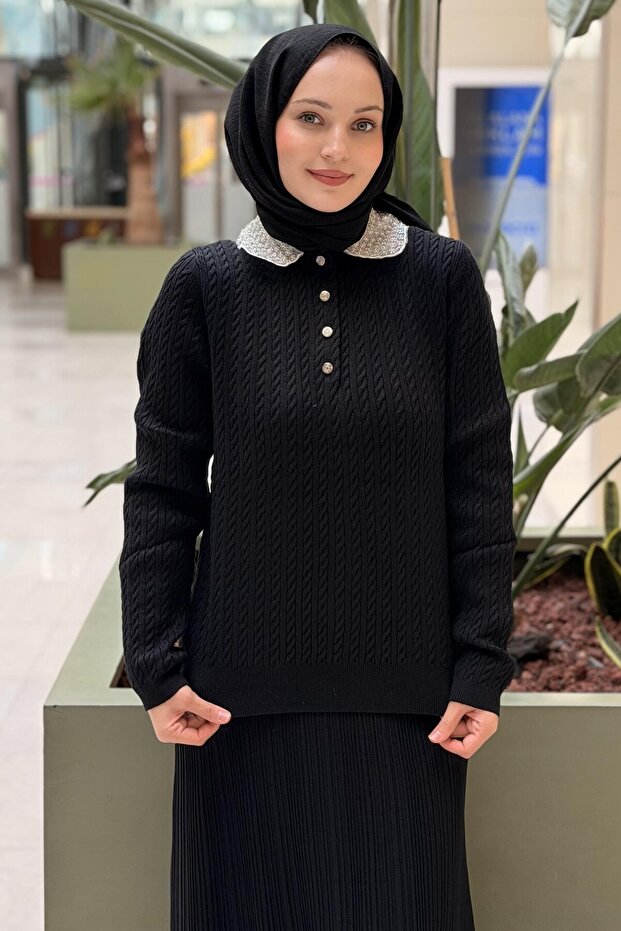 Pearl Embroidered Collar Knitted Patterned Knitwear Tunic
