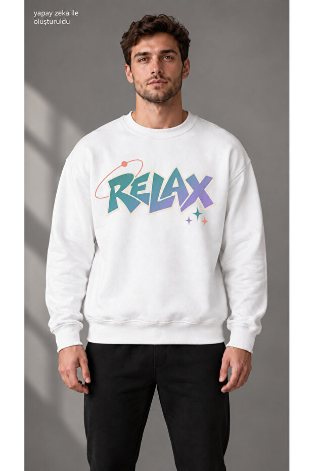 Men's Retro Planetary Ring and Relax Printed Crew Neck Casual Regular Fit Sweatshirt