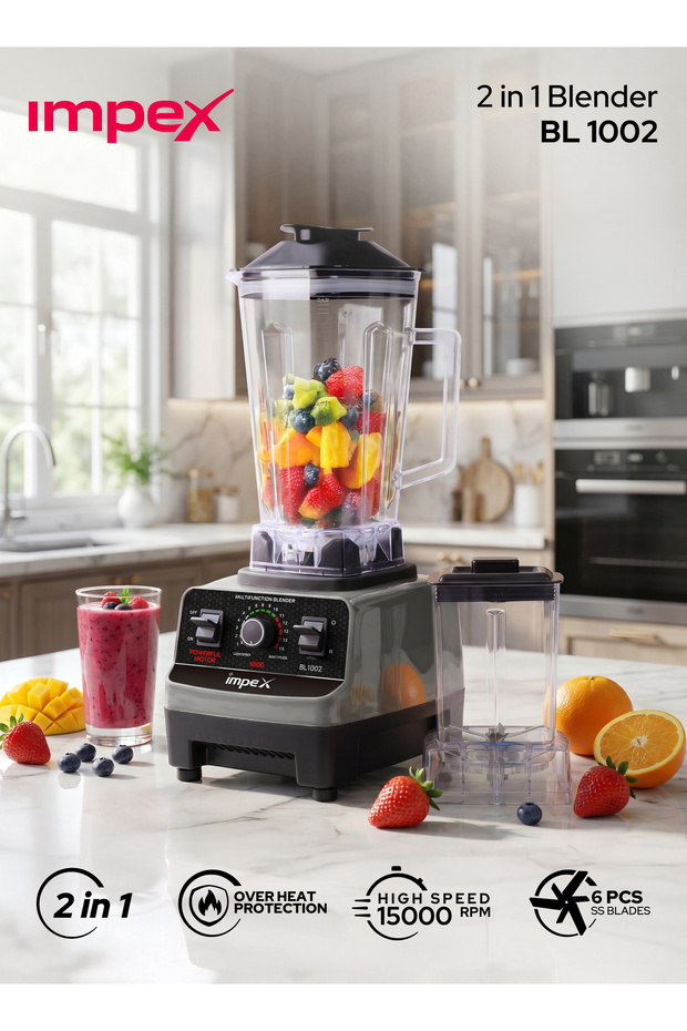 BL1002 2 in 1 Blender 400W 2L Jar 15000 RPM 6PCS SS Blade 15 Level Control Overheat Protection