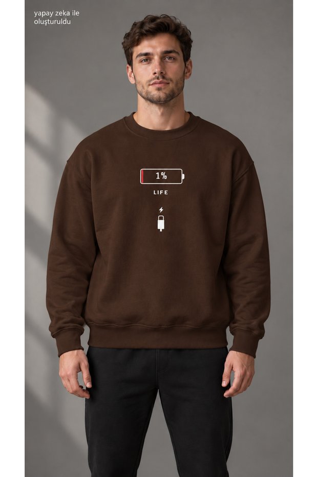 Men's Low Battery Icon and 1% Life Text Printed Crew Neck Casual Regular Fit Sweatshirt