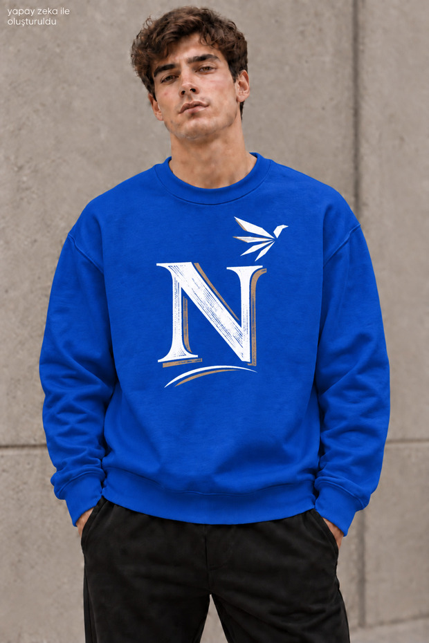 Men's Black Golden Yellow N Letter Typography Printed Crew Neck Casual Regular Fit Sweatshirt
