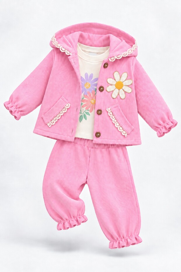 Baby Girl Set Daisy Detailed Hooded 3-Piece Jacket Bottom Top Set Girls' Set