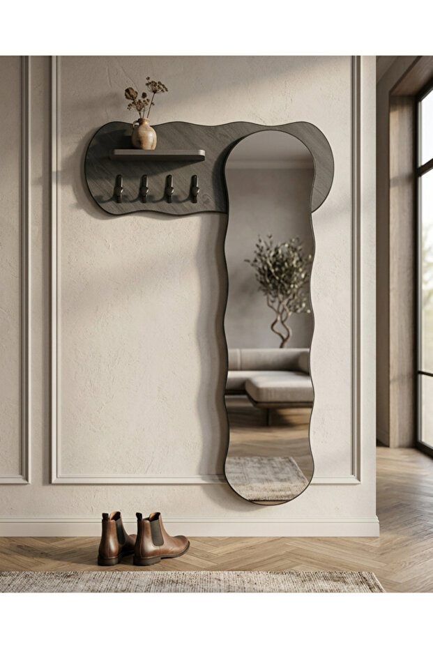 Modern Wall Mirror with Wooden Frame and Shelf