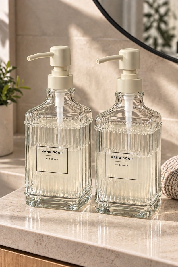 Striped Glass Liquid Soap Dispenser Set of 2 – Ecru Pump Dispenser for Hand Soap and Detergent