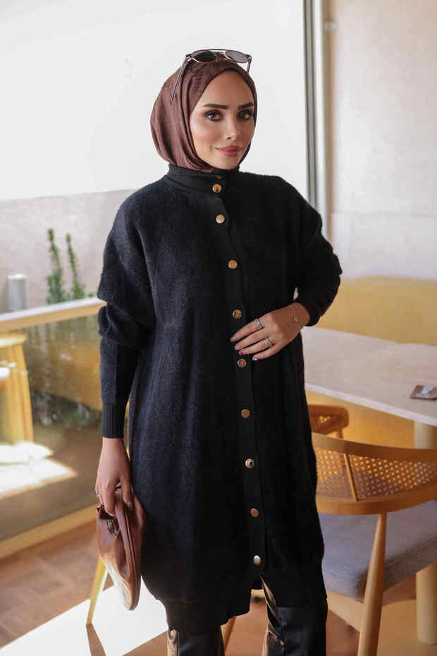 Black Buttoned Angora Soft Knit Cardigan