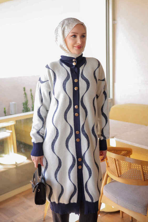 Navy Blue Buttoned Angora Soft Knit Cardigan