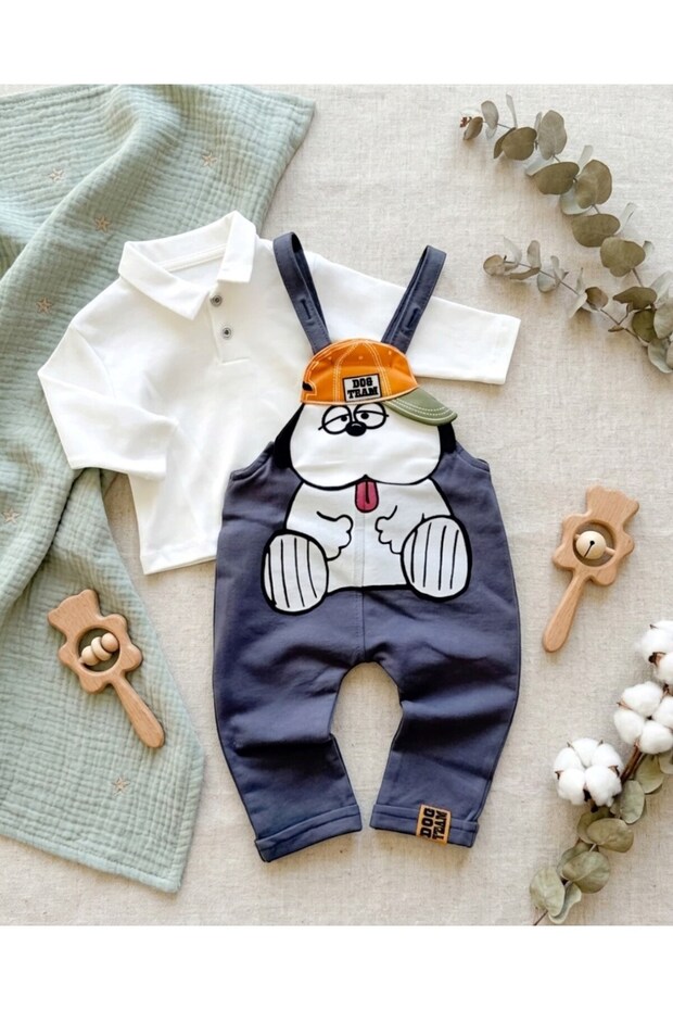 Baby Boy Hat, Bear Embroidery, Gardener Salopet Overalls, 6-9-12-18-24 Months, 2-Piece Stylish Set