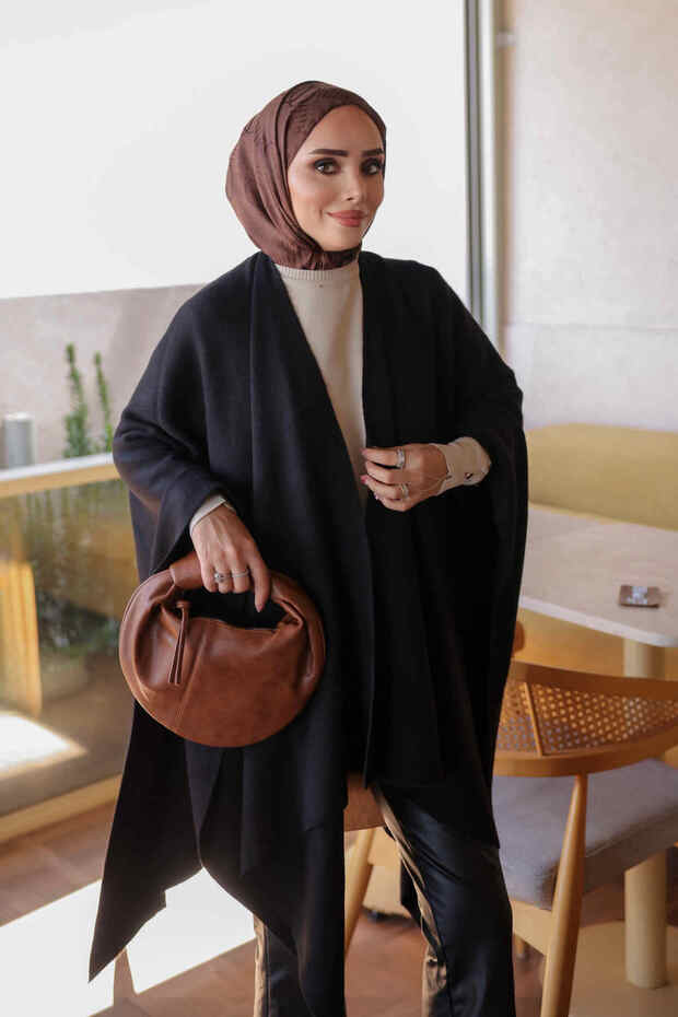 Black Casual Mercerized Knitwear Poncho