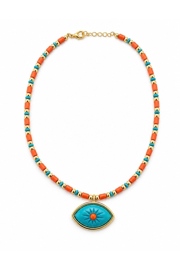 Zr Model Women's Eye Figured Orange Blue Beaded Bohemian Viral Necklace