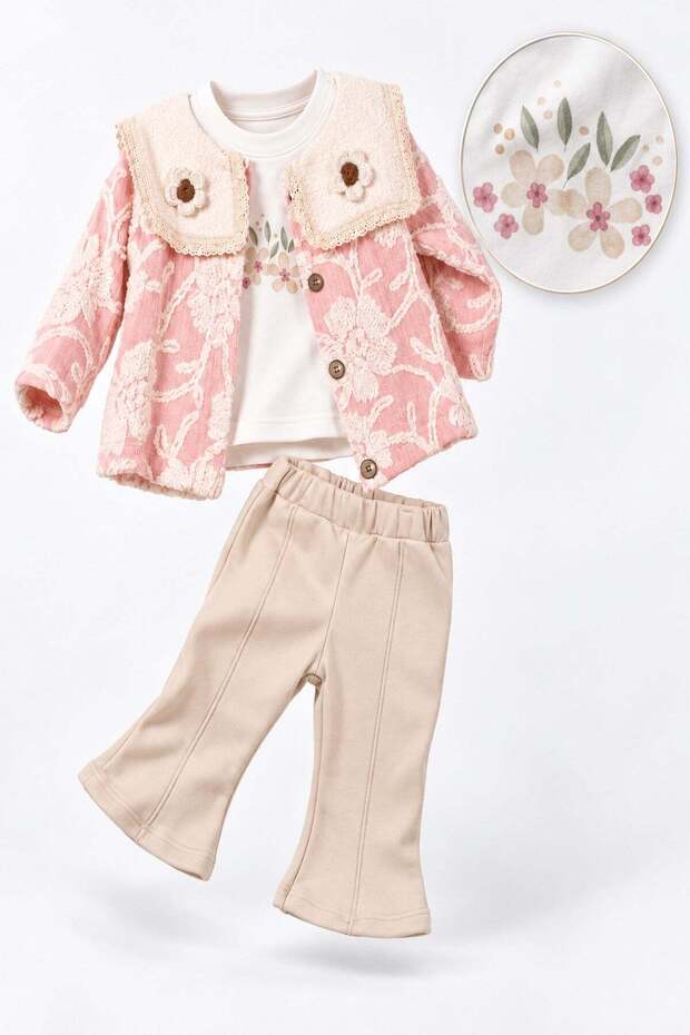 Baby girl 3-piece set vintage lace collar floral jacket seasonal outfit 6-9-12-18-24 months
