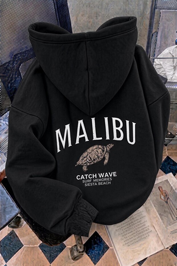 Malibu Turtle Unisex Back Printed Oversize Hooded Sweatshirt with Kangaroo Pocket Two-Strand Drawstring Hoodie